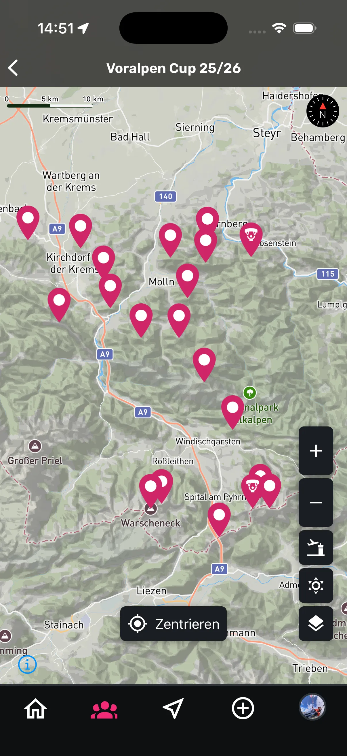 Karte mit den Peaks einer Challenge